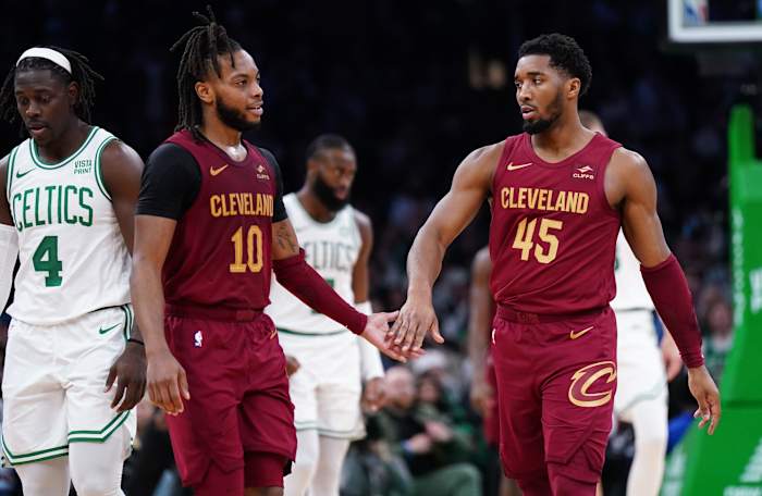 Dec 14, 2023; Boston, Massachusetts, USA; Cleveland Cavaliers guard Donovan Mitchell (45) and guard Darius Garland (10) on the court against the Boston Celtics in the second half at TD Garden.